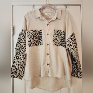 Umgee Cotton Linen Leopard Cream Button-Up Shirt Oversized Boho Animal Print XL